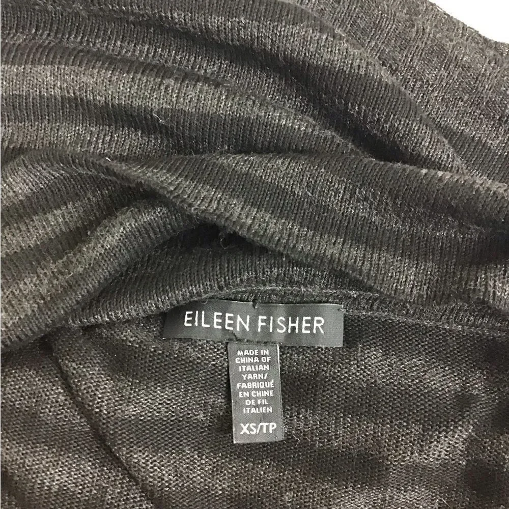 Eileen Fisher Cowl Scrunch Neck Striped Relaxed Fit Knit Sweater Black/ Gray